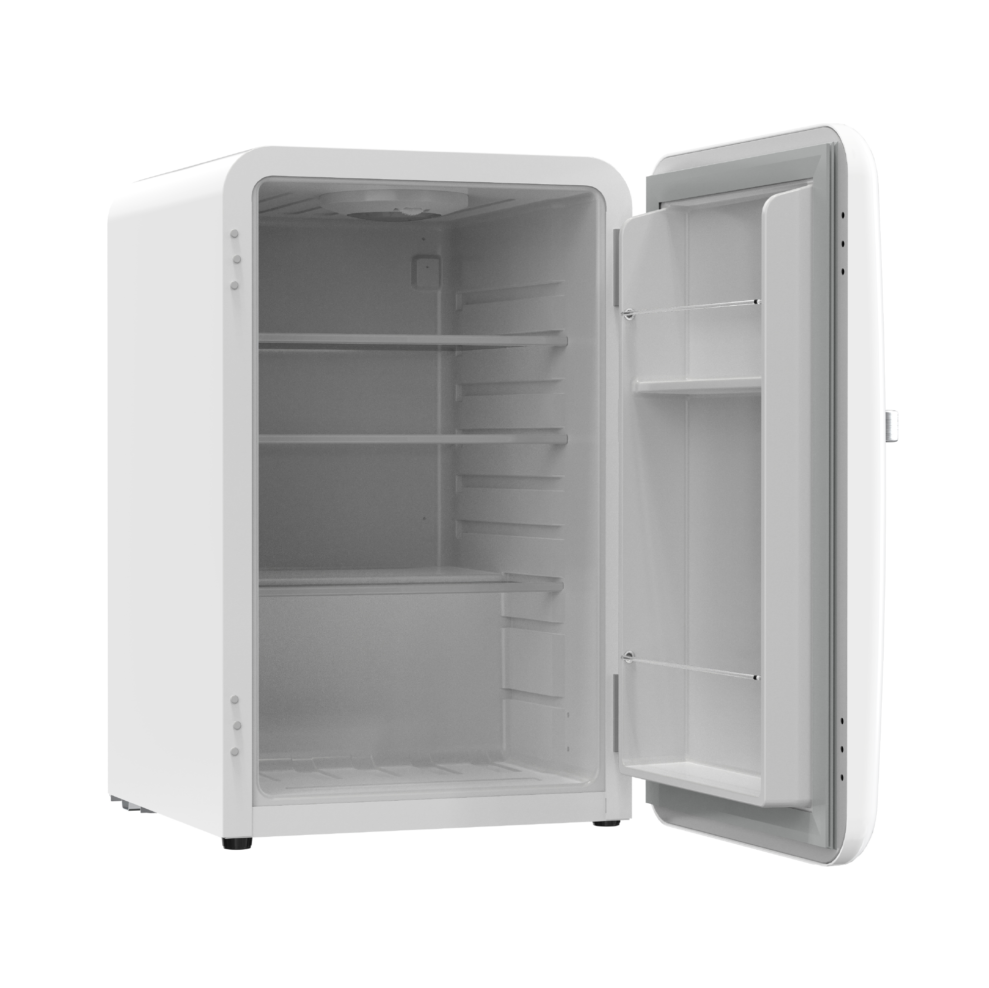 Side view of a 2.5 Cu Ft White Iconic Beverage Retro Fridge with the door open, showcasing interior space featuring 3 glass shelves