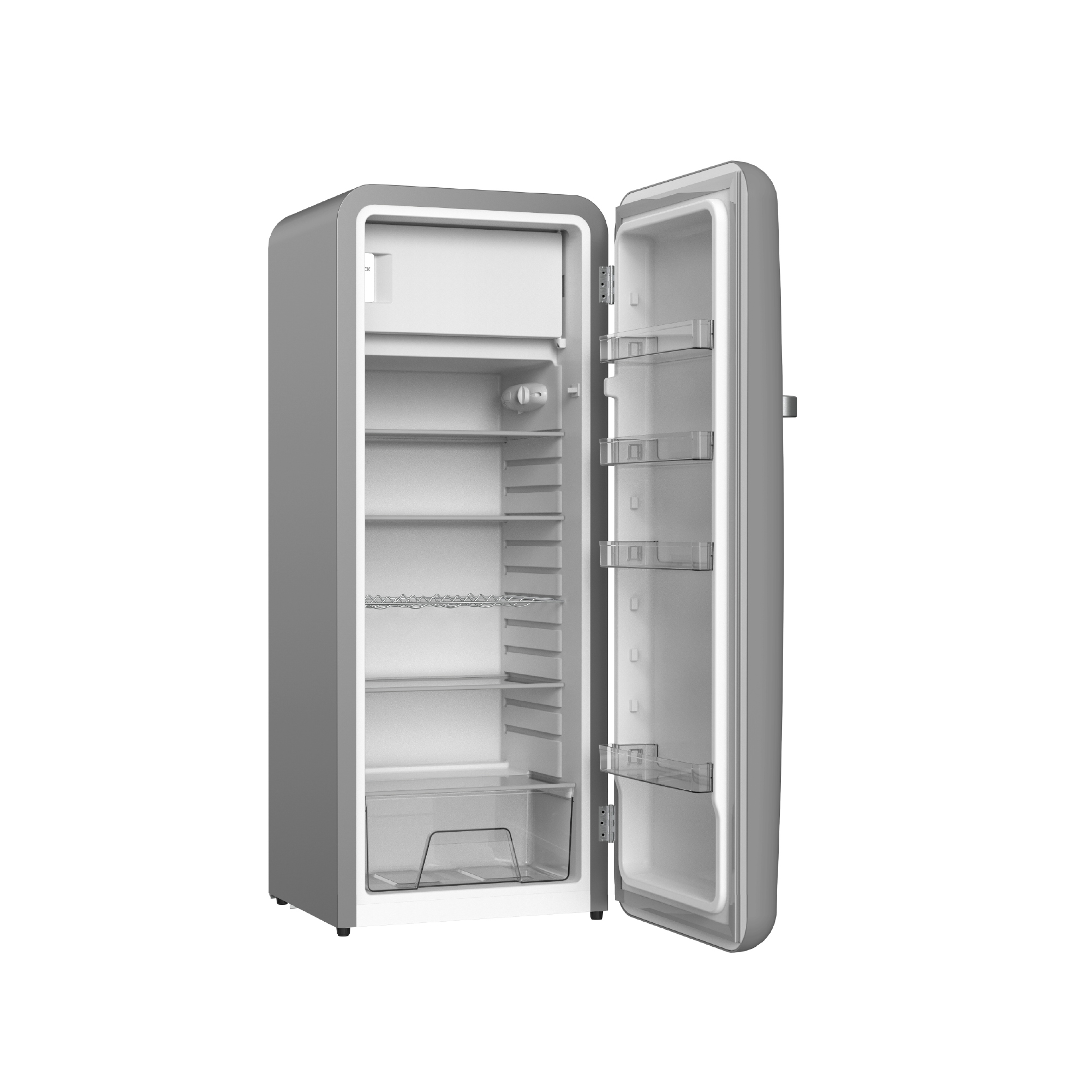 Side view of the 9.9 Cu Ft Wabi Sabi-Cold Grey Retro Fridge With Freezer Box 252 cans with the door open, revealing 4 glass shelves, a metal wine glass shelf, and a transparent drawer