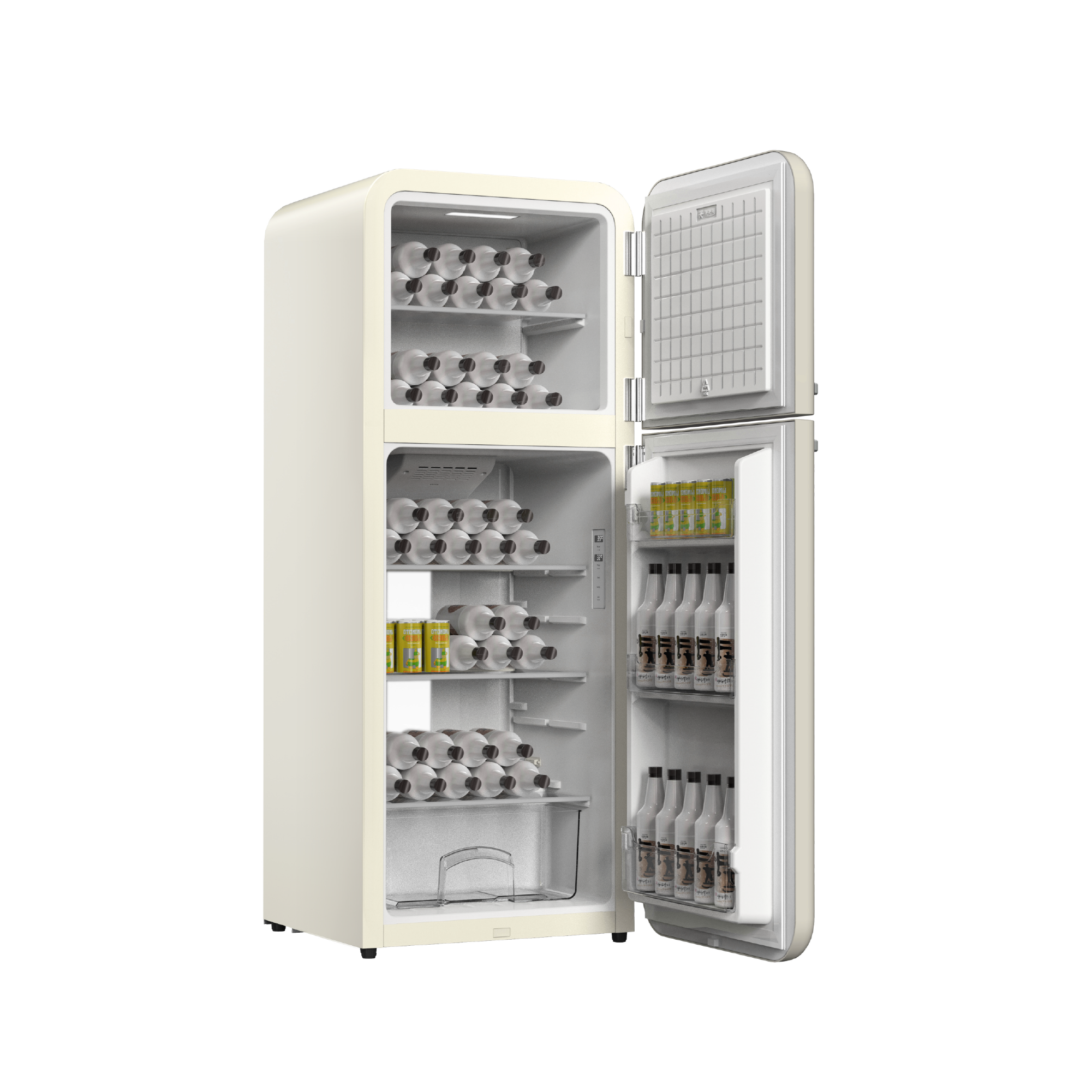  Side view of the 6.8 Cu Ft Cream Iconic Retro Fridge With Top Freezer with the doors open, displaying one glass shelf in the freezer compartment and three glass shelves, accompanied by a transparent drawer in the fridge compartment. The product interior is fully stocked with beverage drinks