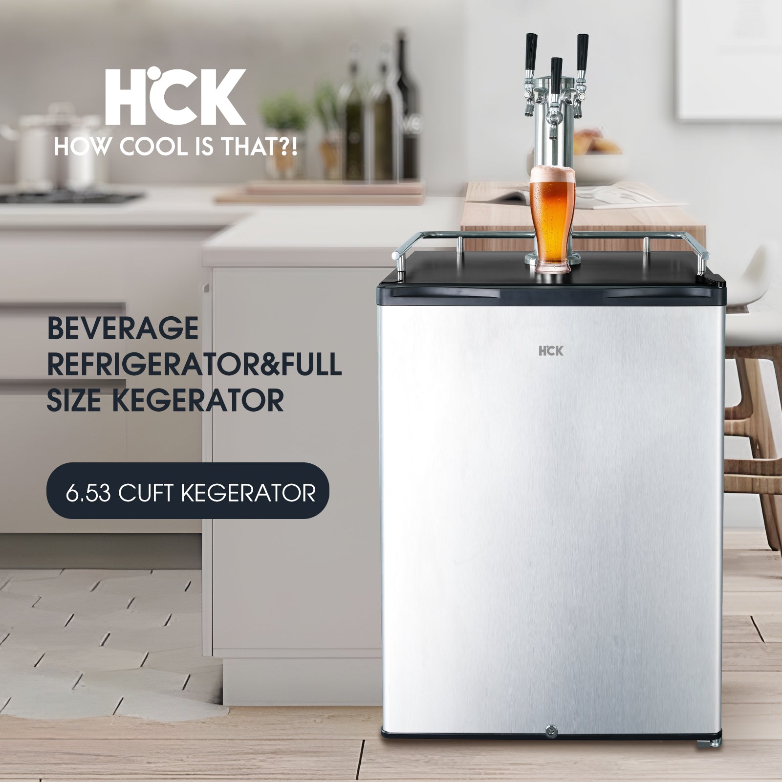 Front view of a 6.53 Cu Ft Stainless Steel Outdoor Kegerator Refrigerator with a capacity of 230 cans, installed in a kitchen setup, accompanied by a description highlighting the product's name and features