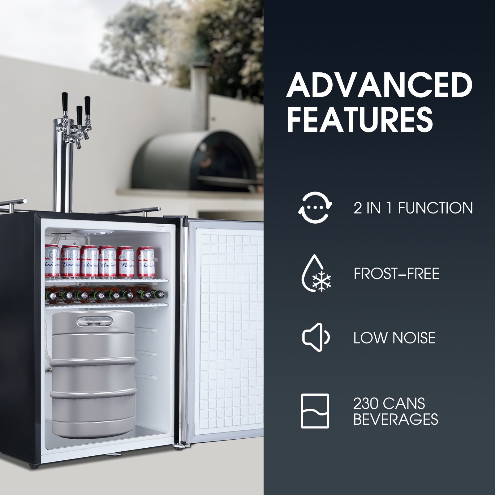 Side view of a 6.53 Cu Ft Outdoor Kegerator Stainless Steel Refrigerator 230 Cans with the door open in a outdoor kitchen setting, accompanied by icons and feature descriptions