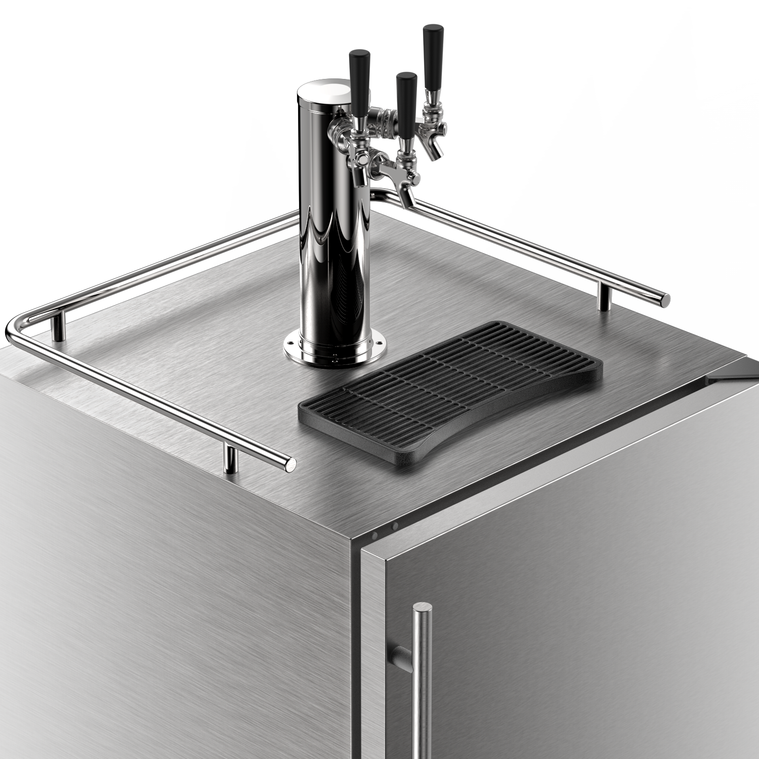 Close-up view of the tap tower and drip tray of the 6.04 Cu Ft Undercounter Kegerator Outdoor Beverage Fridge