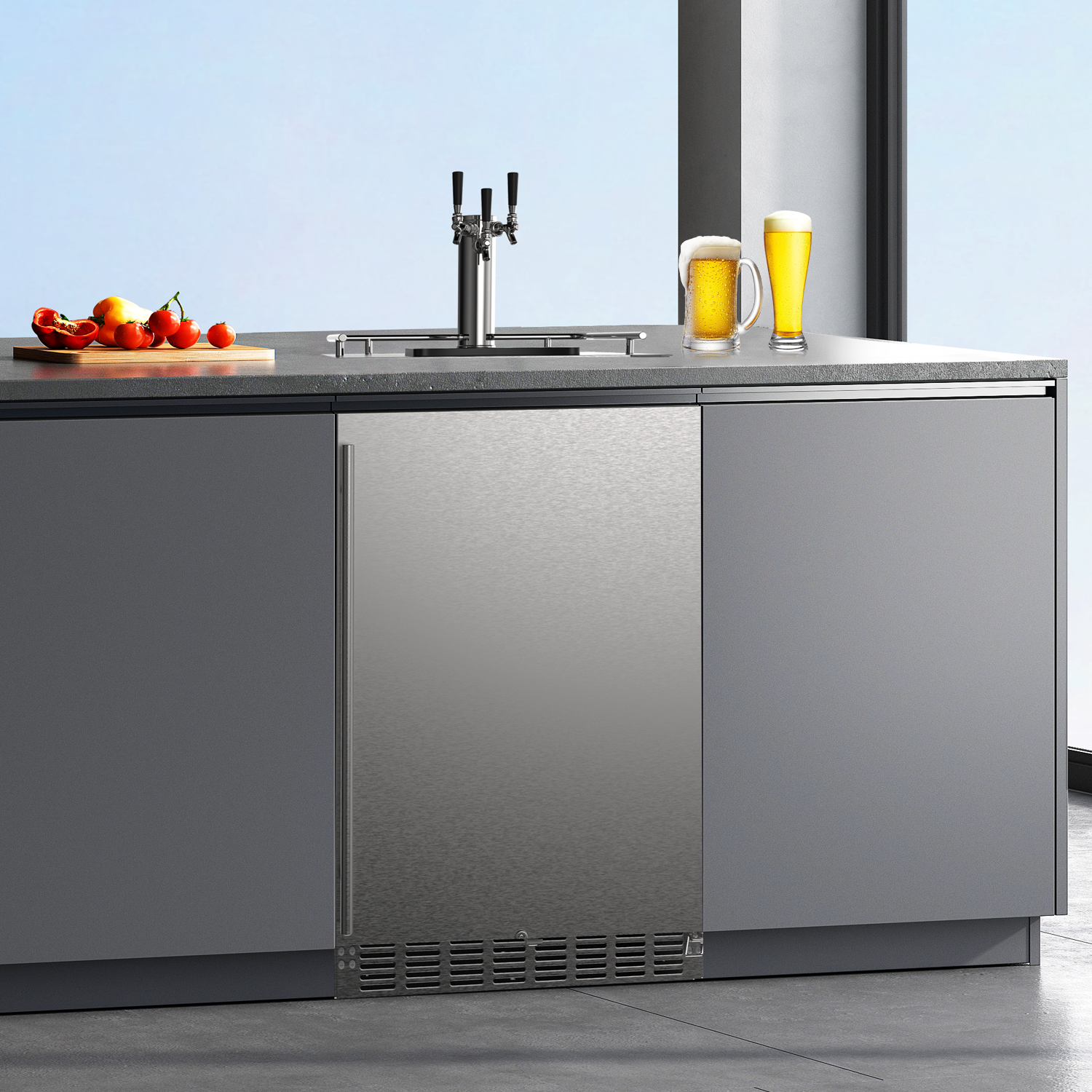 Side view of a 6.04 Cu Ft Undercounter Kegerator Outdoor Beverage Fridge installed within a kitchen table in a kitchen setting