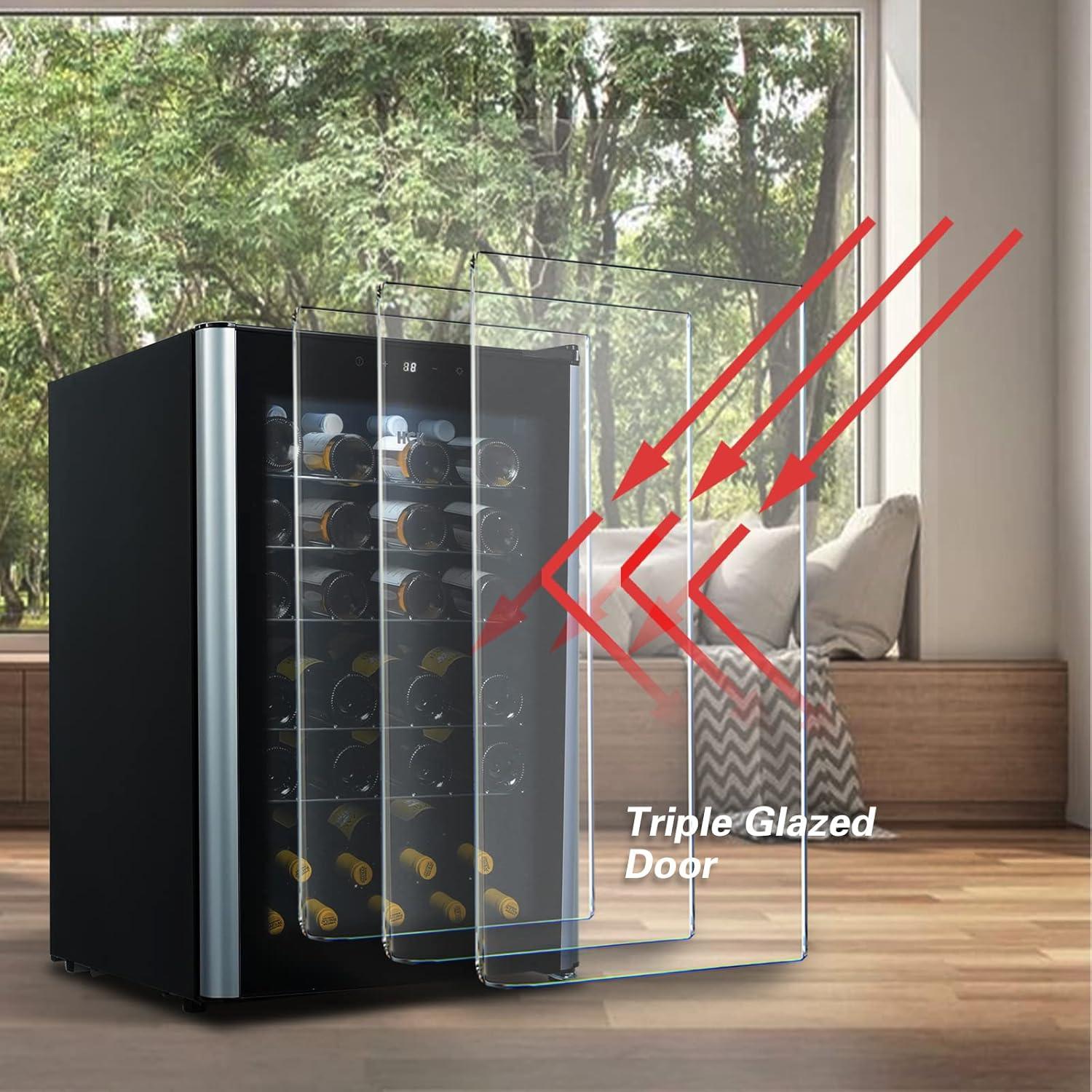 HCK 48 Bottles Wine Cooler use the triple glazed door to design, which make the fridge more safety.