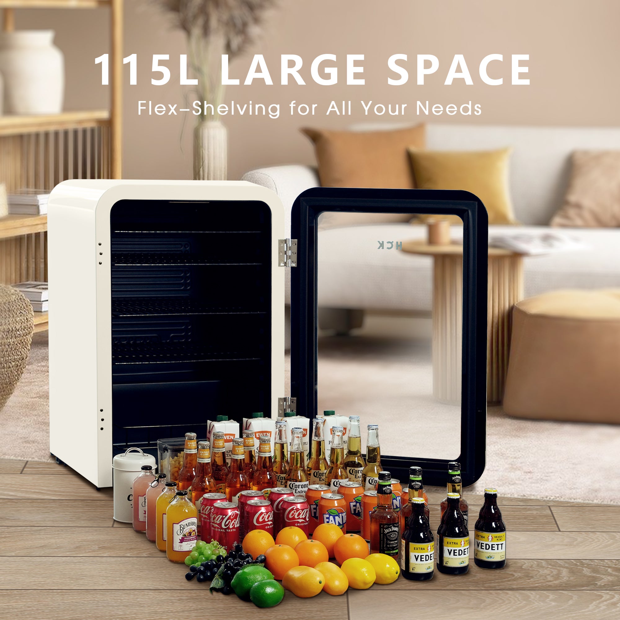 A 4.1 Cu Ft Iconic Retro Style Beverage Fridge 49 Bottles with the door open is placed in the living room space, and a variety of fruits and beverage bottles are displayed in front of the product to indicate its capacity