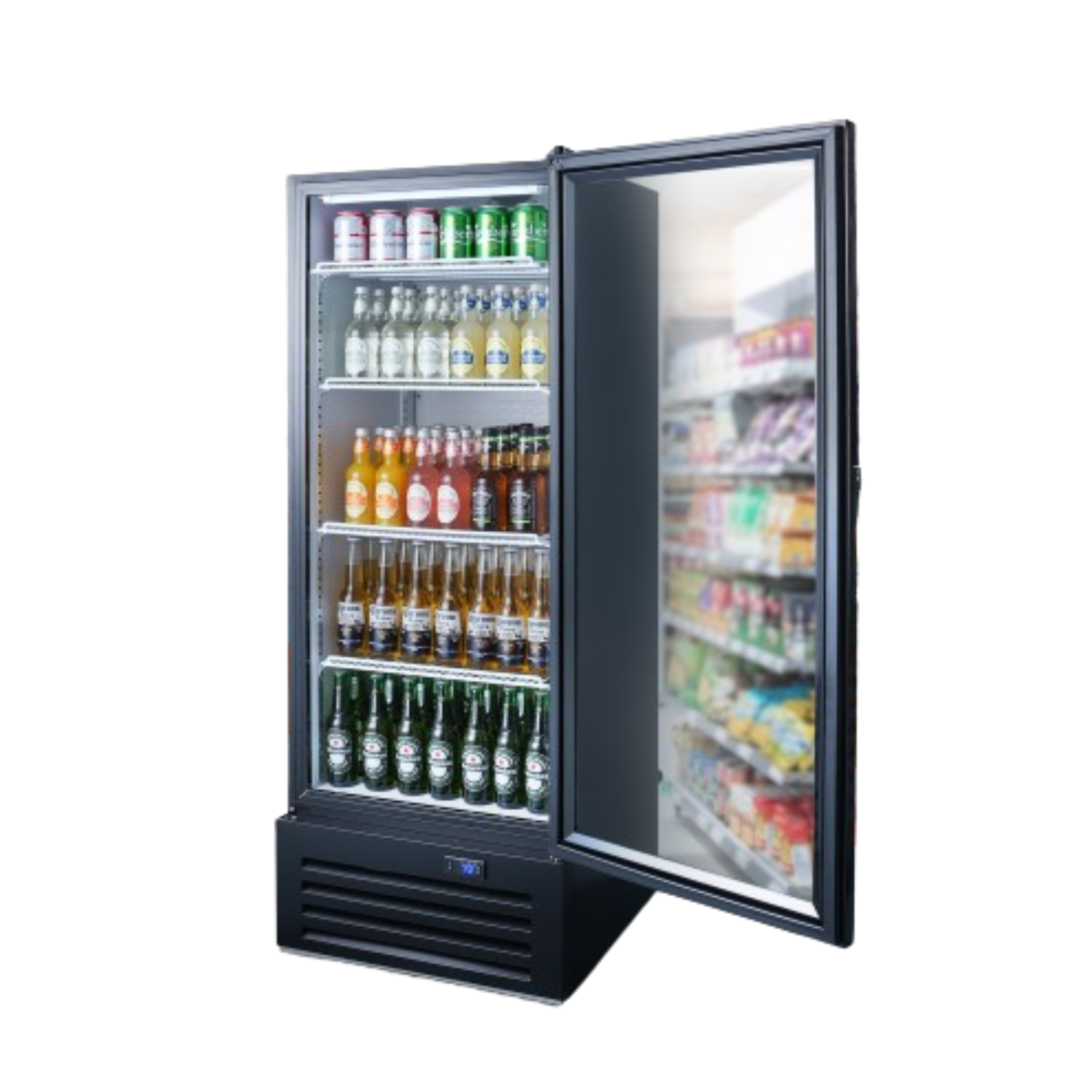 Side view of a 10 Cu Ft Single Zone Compact Beverage Fridge with open door, displaying various beverages inside