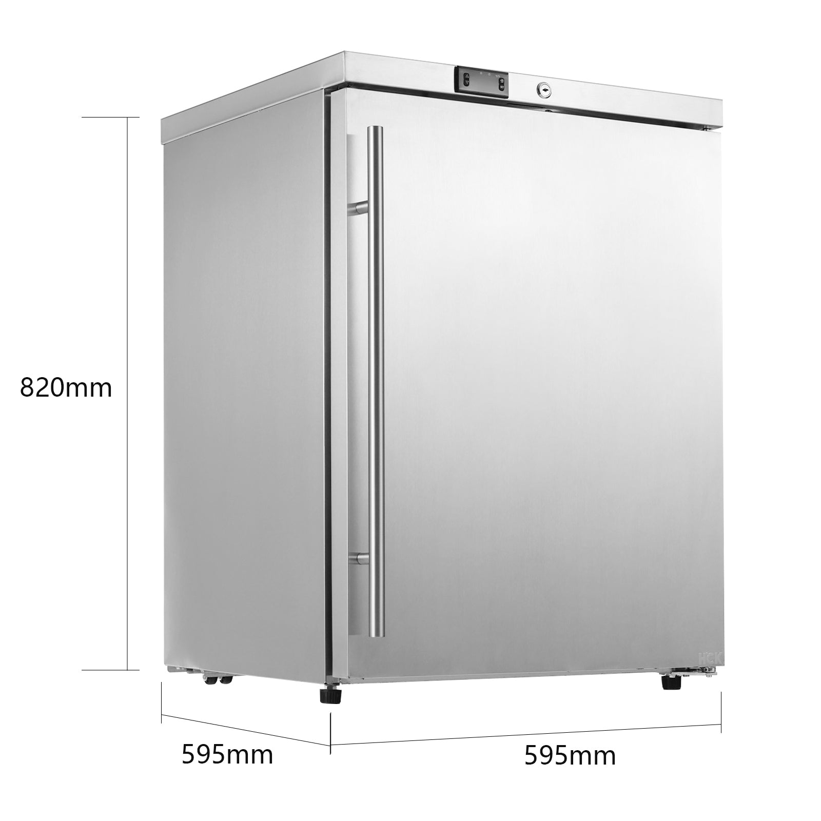 Side view of a 5.4 Cu Ft Stainless Steel Undercounter Outdoor Refrigerator, with visual lines and measurements to indicate its product size