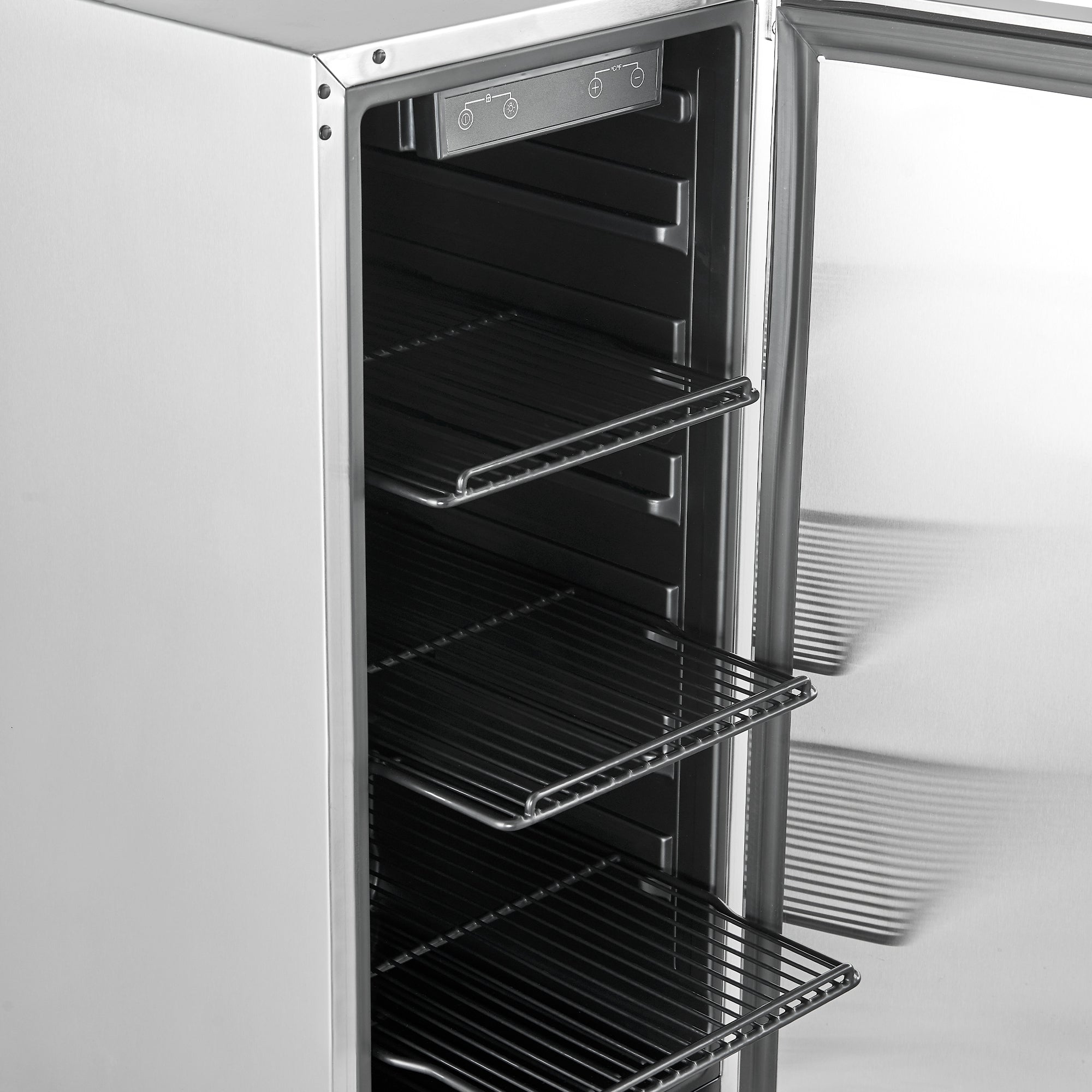 Close-up side view of a 3.2 Cu Ft Chrome Beverage Outdoor Refrigerator 96 cans with the door open, revealing three interior shelves and a digital temperature control panel