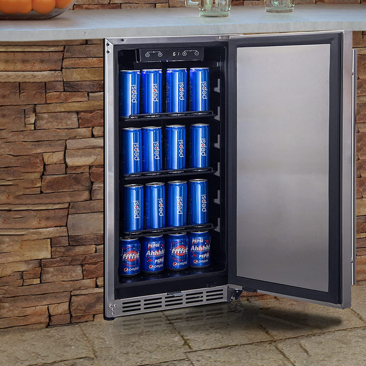 HCK 15 inch Indoor Beverage Refrigerator with 90 Can Capacity, Soft Closing Door, Adjustable Shelves and Weatherproof Design, Ideal for Outdoor Kitchen, Good for Chilling Soda, Beer and Wine - BC-90-BLK