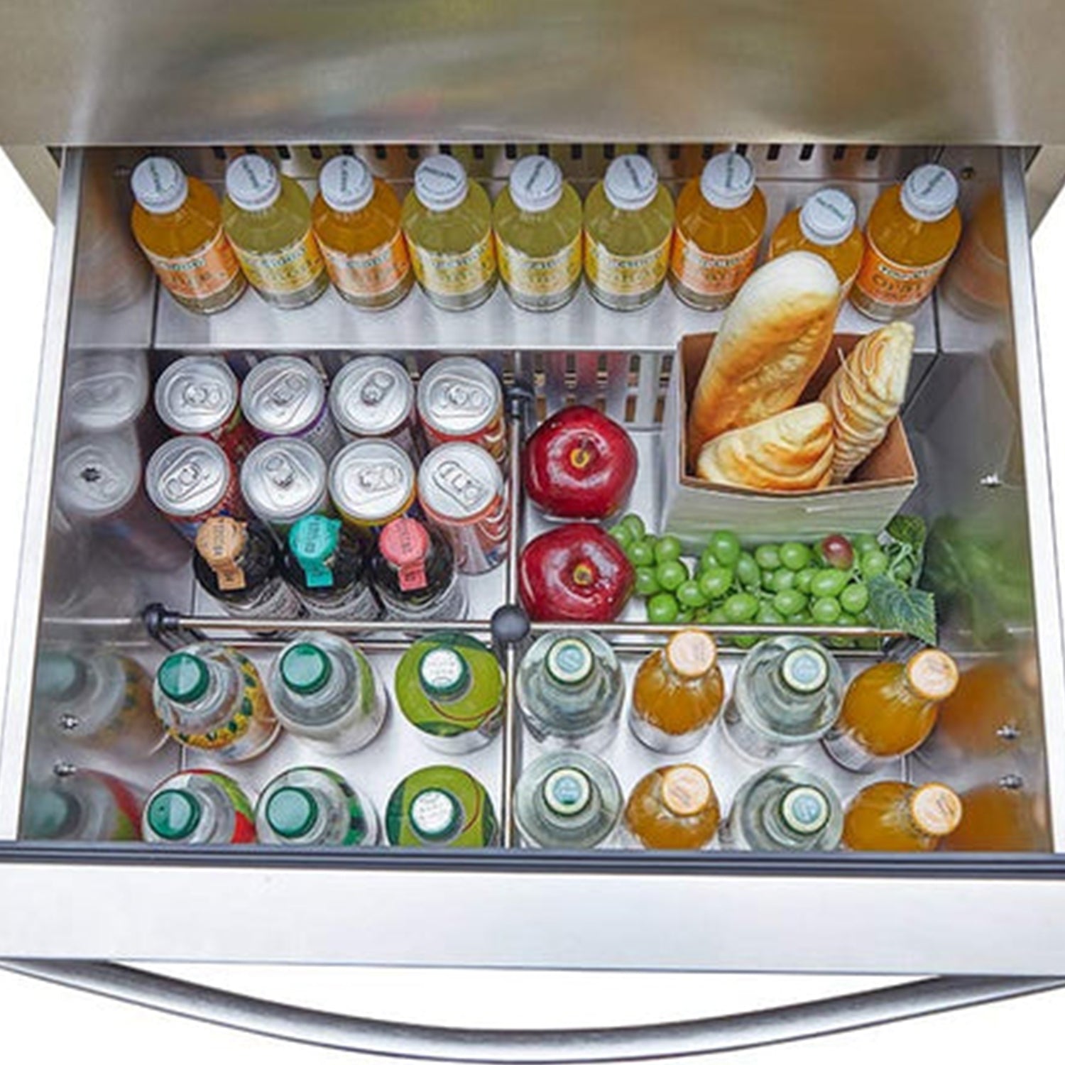 Close-up of a drawer in a 5.12 Cu Ft Outdoor Refrigerator with Drawer Design 160 cans, revealing four compartments storing food and beverages