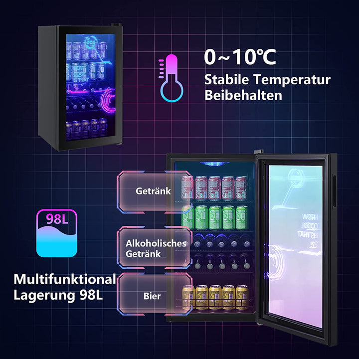 HCK Beverage refrigerator (98L), Cyberpunk Freestanding Fridge with Pink and Blue Lights, for Bar and Party (Black) - SC - 98B